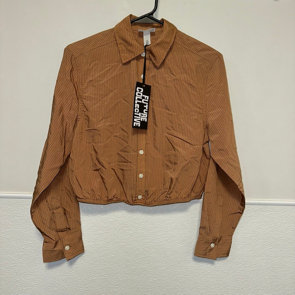 Women's Future Collective Striped Button-Up Shirt Brown/Black Size XS NWT NEW - Picture 4 of 11